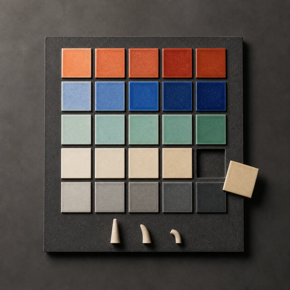 Grilă conceptuală de plăci ceramice de test în nuanțe de coral, albastru, verde și crem